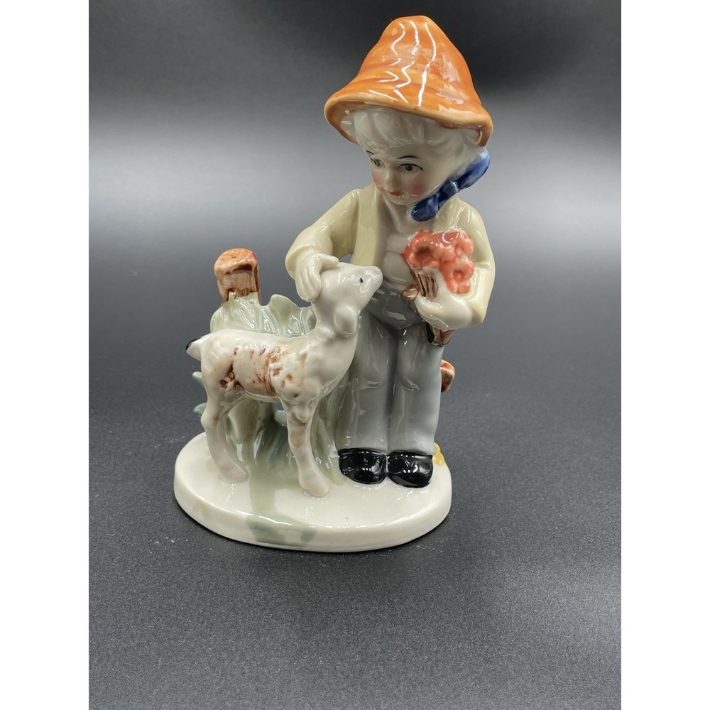 Vintage Porcelain Shepherd Holding‎ Flowers with His Sheep Figurine